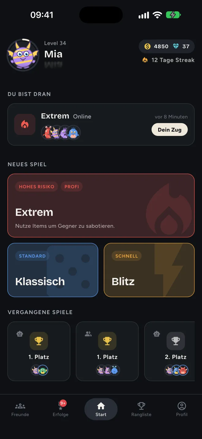 Startbildschirm der App mit laufendem Spiel und den Spielmodi